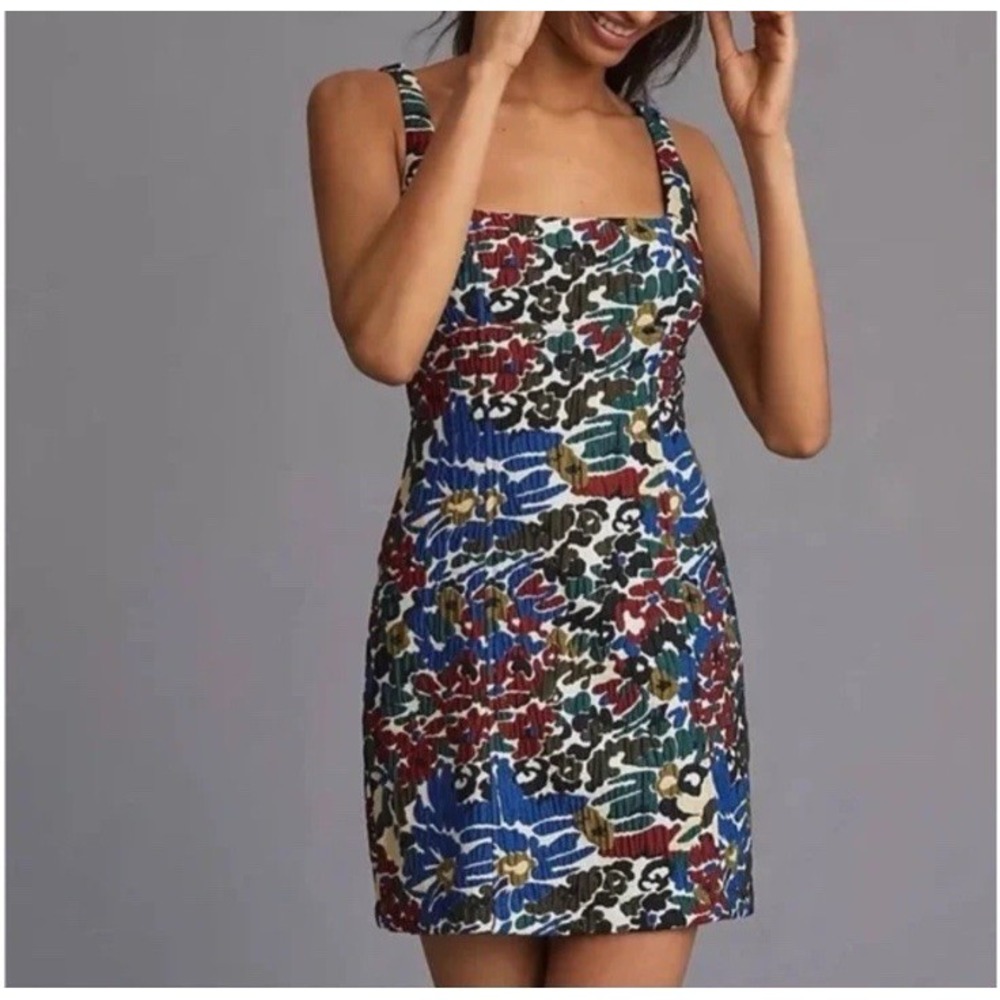 Anthropologie Multicolor Floral Mini Dress - Blue, Red, Green, Black, Cream